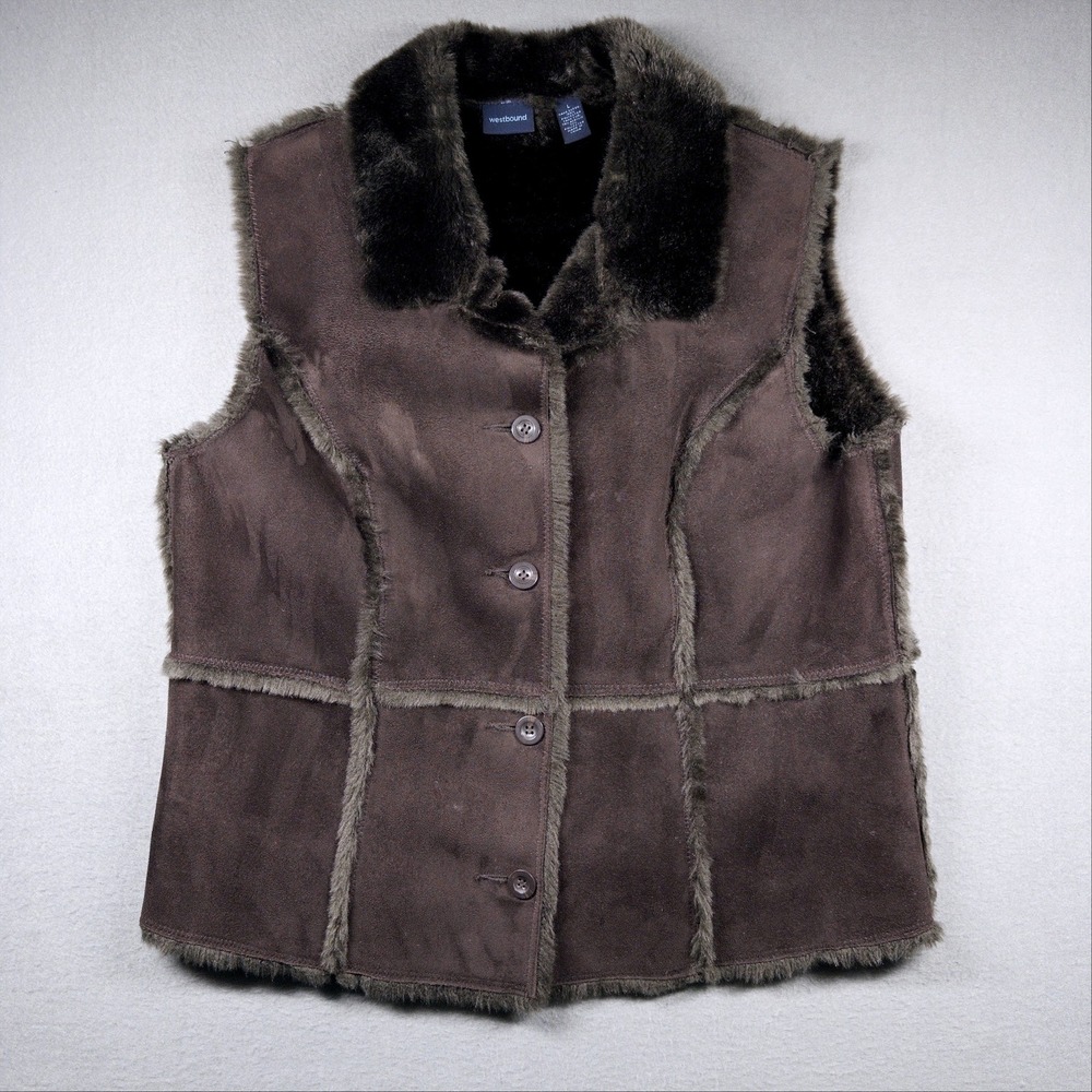 Westbound Faux Suede Fur Vest Womens L Brown Sherpa Lined Boho Chic
